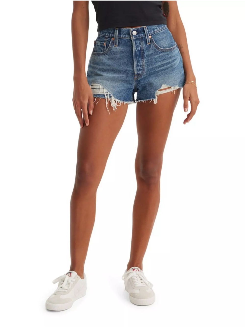 Levi's Blue High-Rise Frayed Denim Shorts